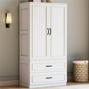 Armoire Wardrobe Closet with 2 Doors and 2 Drawers 70" H x 28" W Wooden Bedroom Freestanding Wardrobe Combination for Hanging Clothes, White