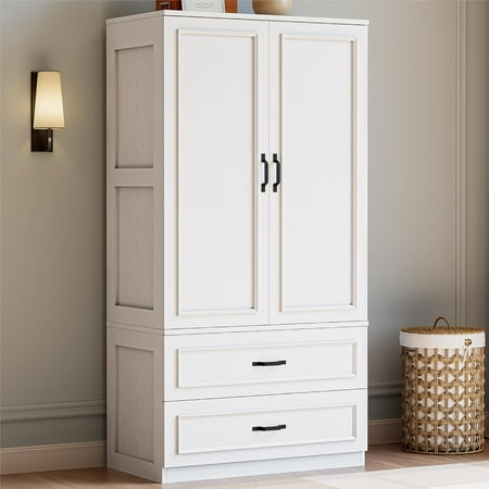 Armoire Wardrobe Closet with 2 Doors and 2 Drawers 70" H x 28" W Wooden Bedroom Freestanding Wardrobe Combination for Hanging Clothes, White