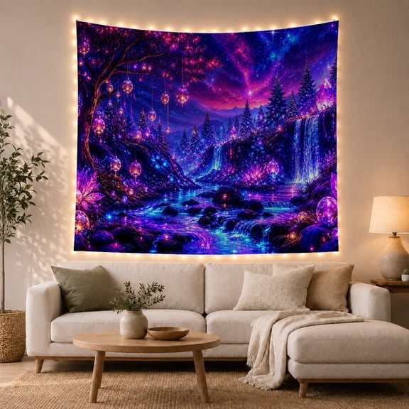 Ancient Tree Beside River and Waterfall, Dreamy Fantasy for Nature Lovers, Forest Wall Art, Housewarming Gift, Tapestry Wall Hanging for Bedroom and Living Room