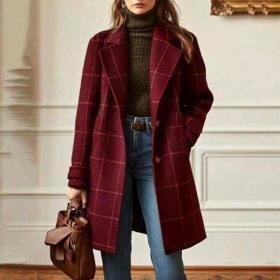 Roncen Women's Plaid Wool Blend Coat - Longline Notched Collar Winter Jacket with Button Front