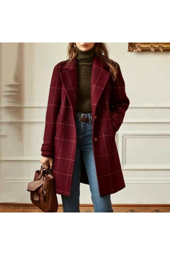 Women's Plaid Wool Blend Coat - Longline Notched Collar Winter Jacket with Button Front