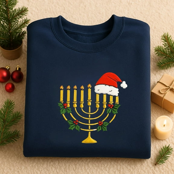 Hanukkah Embroidered Sweatshirt, Chrismukkah Embroidery Shirt, Menorah Candle Tshirt, Jewish Religious Sweater, Jewish Holiday Crewneck