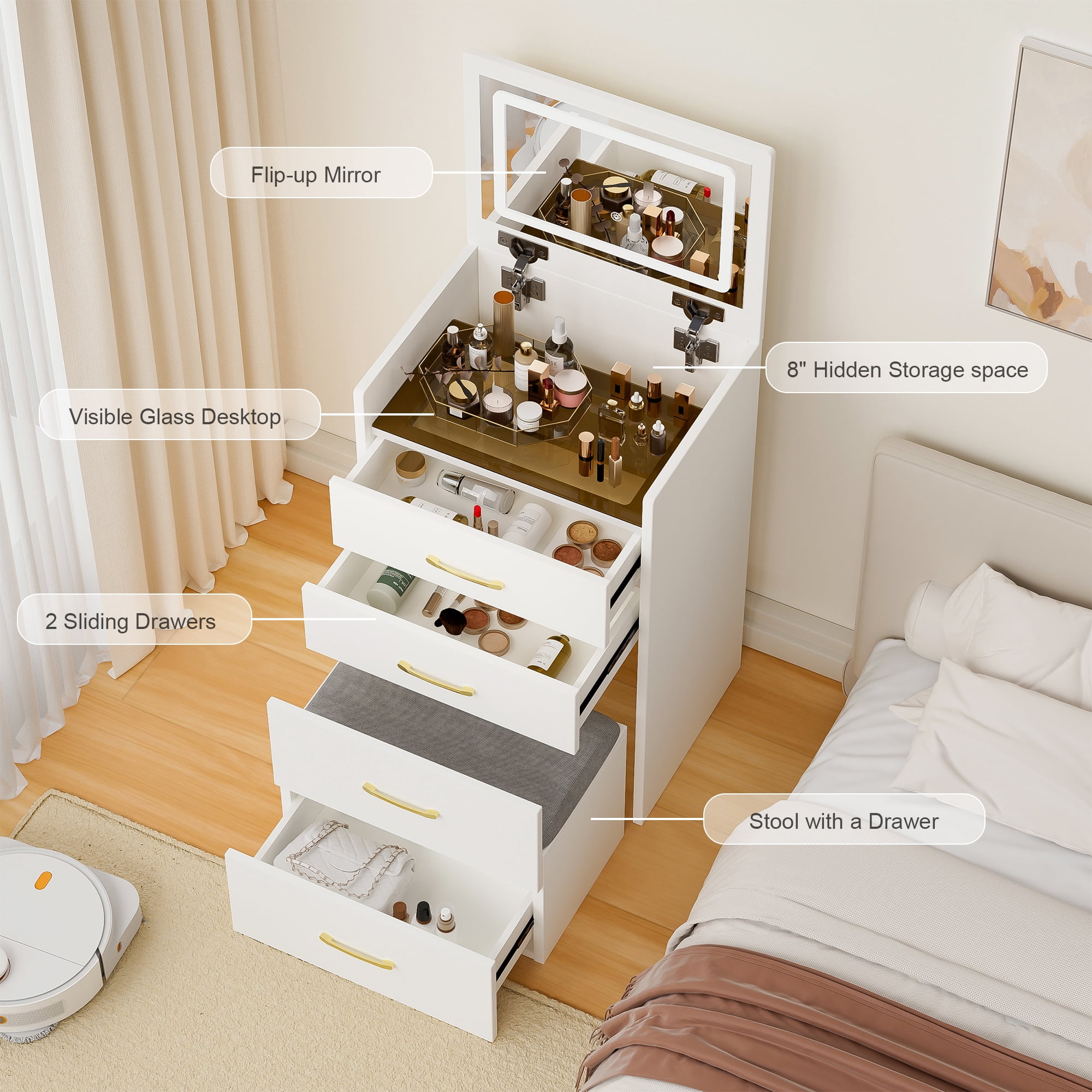 Yoneston 3 in 1 Flip Top Vanity Desk Set with Mirror and Adjustable LED Lights, Glass Top Vanity Table with Hidden Stool and Drawer for Bedroom, White