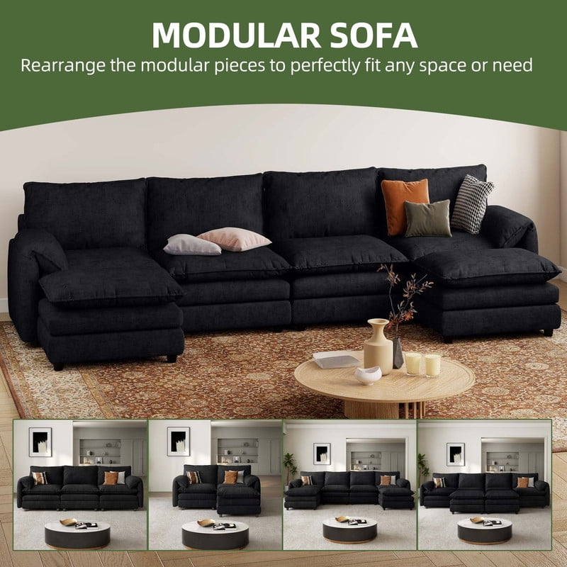 Uforic Sectional Sofa with Ottoman, 142" U Shape Modern 6 Seat Cloud Couch with Pillow-Armrest, Black