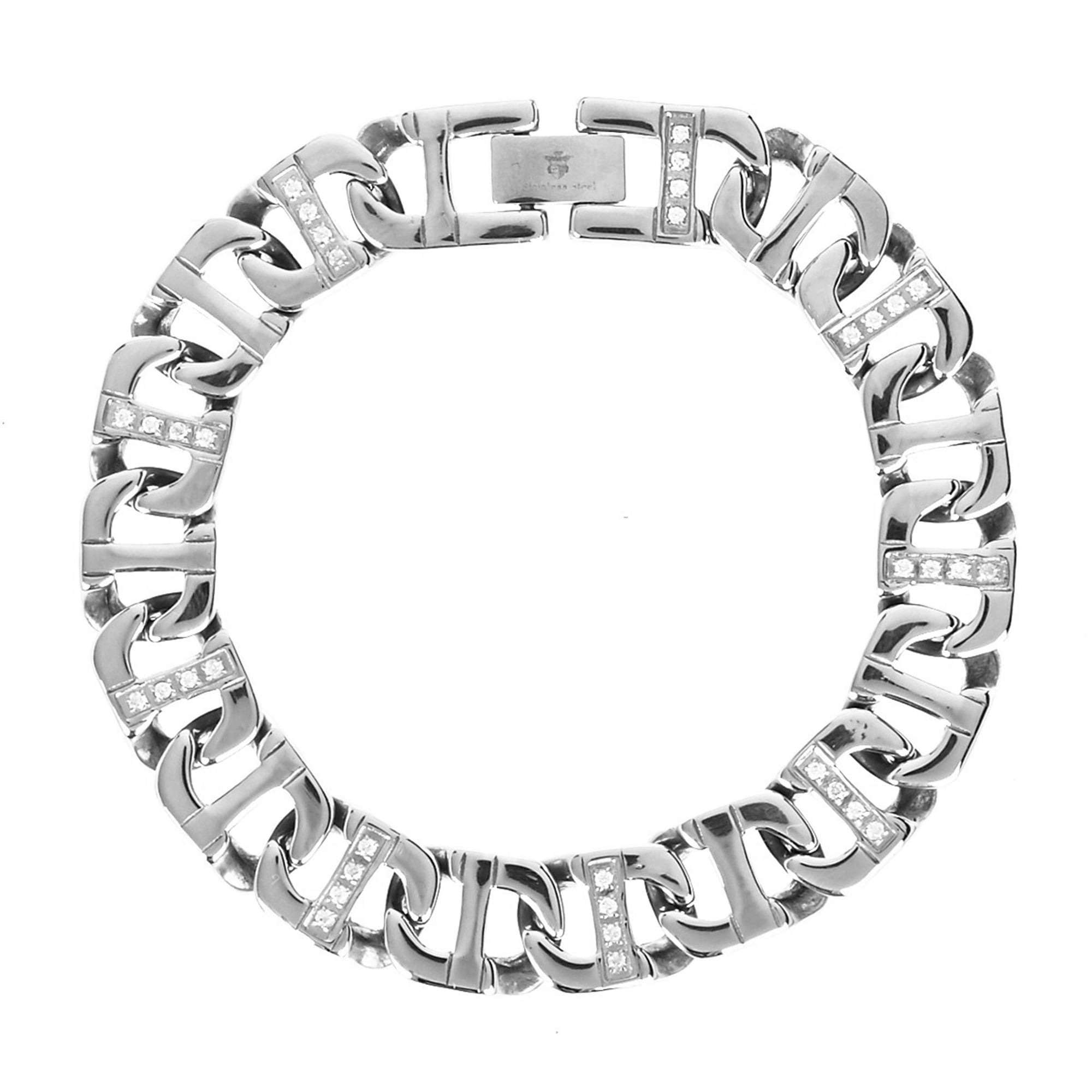 Mens Stainless Steel Anchor Link Chain Bracelet With Cubic Zirconia