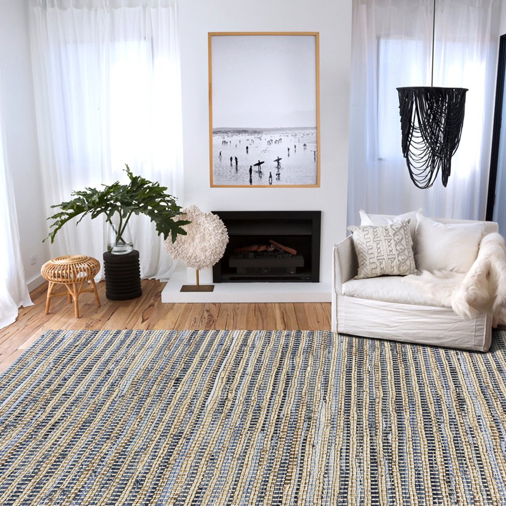 LR Home Vogue 5 ft. x 7 ft. Denim Blue / Cream Hand Woven Area Rug