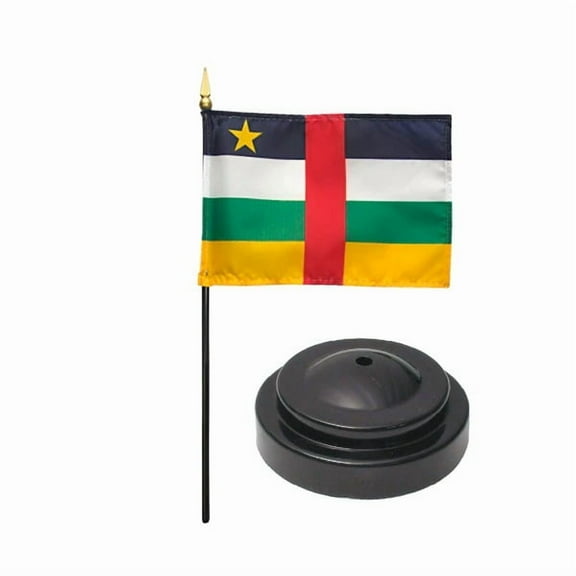 Central African Republic Desk Flag with Base; American Made Rayon 4x6 inch Miniature Table Set Includes One Mini Country Stick Flag and One Black Stand