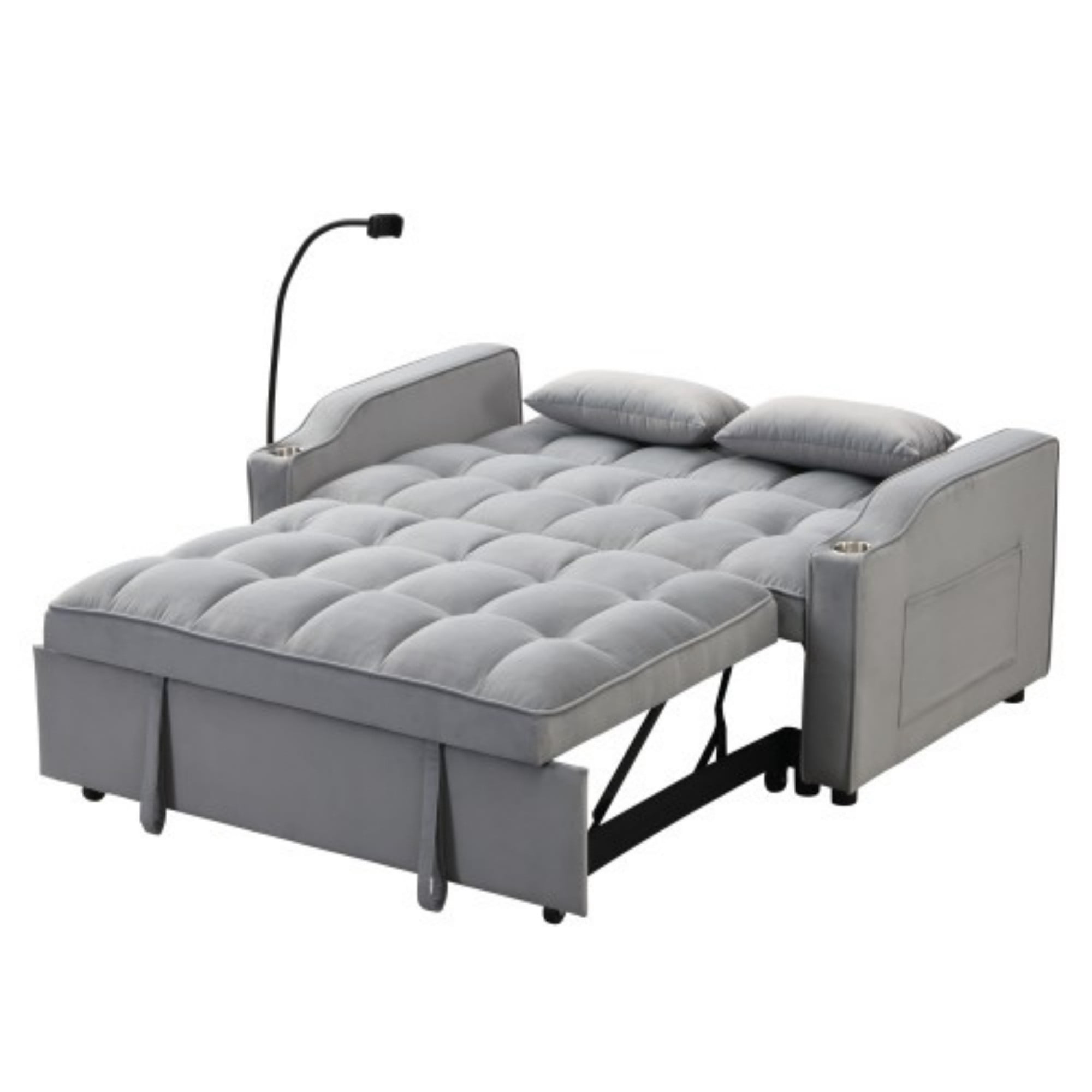 Velvet Loveseat Sofa Bed, 3-in-1 Convertible Sleeper Couch with USB Ports & Pullout Bed, Light Gray