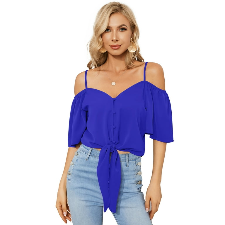 UGSYASS 2023 Royal Blue Summer Cold Shoulder Tops for Women Sexy Blouses Cute Date Night Out Shirts Club Party Outfits Ladies Casual Puff Sleeve