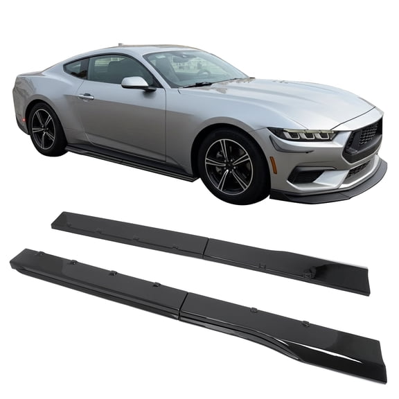Ikon Motorsports Side Skirts Lip Fits 2024-2026 Ford Mustang, R Style Gloss Black ABS, Add On Rocker Panel Extension Splitters 2PCS