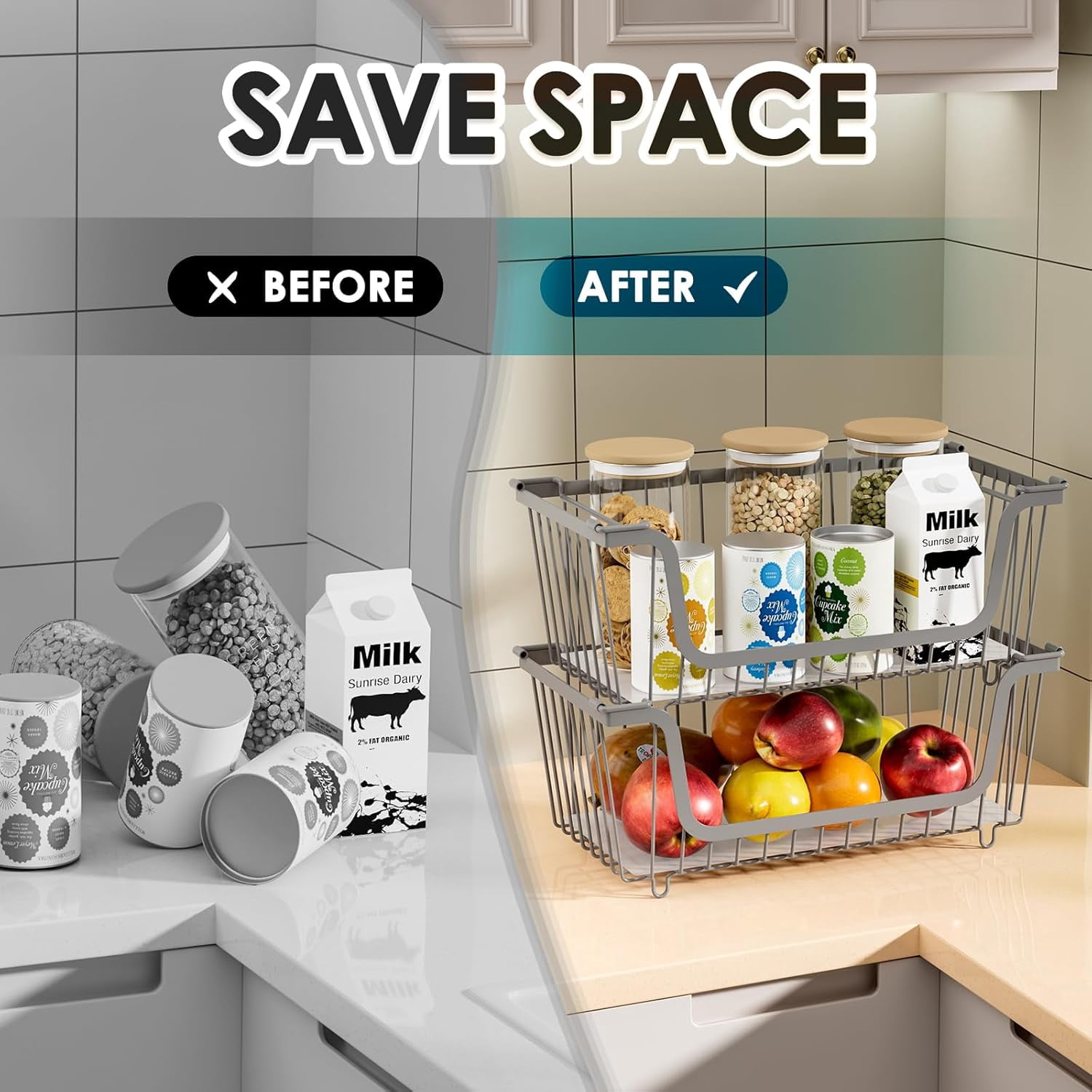 4 Pcs Stackable Wire Baskets for Pantry Organizers and Storage, Kitchen Countertop Vegetable Fruit Bins, Metal Produce Basket for Potato Onion Storage, Gray
