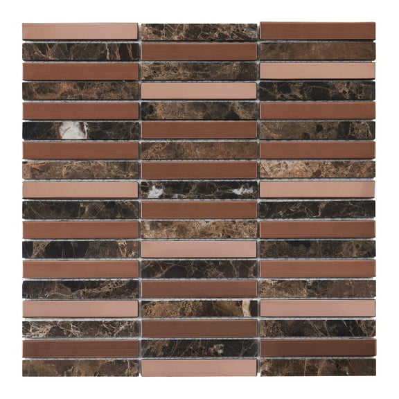 Modket TDH285RG Rose Gold Copper Emperador Stone Marble Stacked Mosaic Tile Kitchen Backsplash
