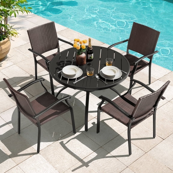Nuu Garden 5-Piece Patio Dining Set, Metal Round Outdoor Table with Umbrella Hole, Dining Table Set for 4 with Wicker Chairs, All Weather Patio Furniture Set for Backyard Lawn Poolside, Black