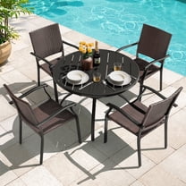 Nuu Garden 5-Piece Patio Dining Set, Metal Round Outdoor Table with Umbrella Hole, Dining Table Set for 4 with Wicker Chairs, All Weather Patio Furniture Set for Backyard Lawn Poolside, Black