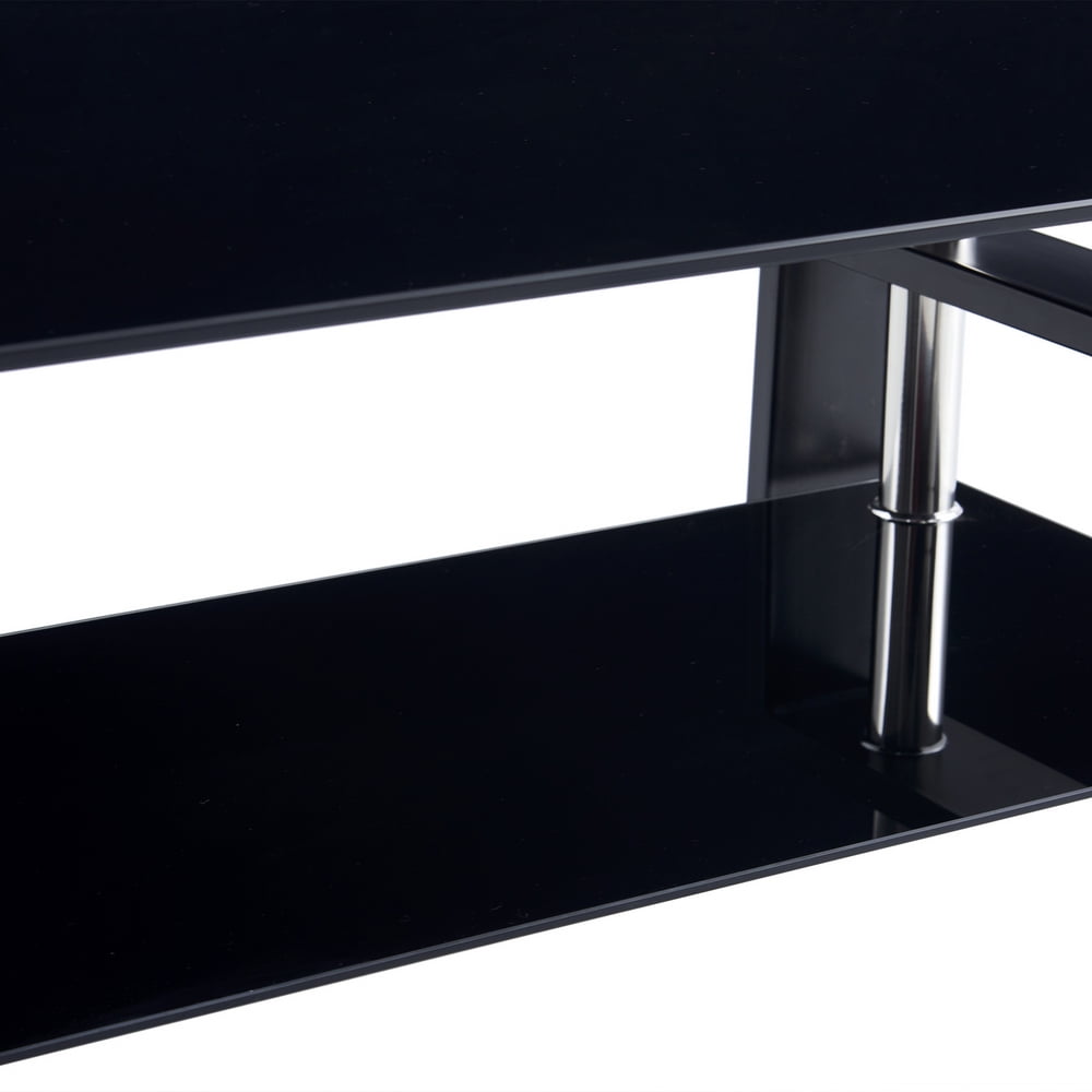 Kepooman Modern Glass Rectangle Center Table with Lower Shelf, Black Kepooman Modern Glass Rectangle Center Table with Lower Shelf, Black