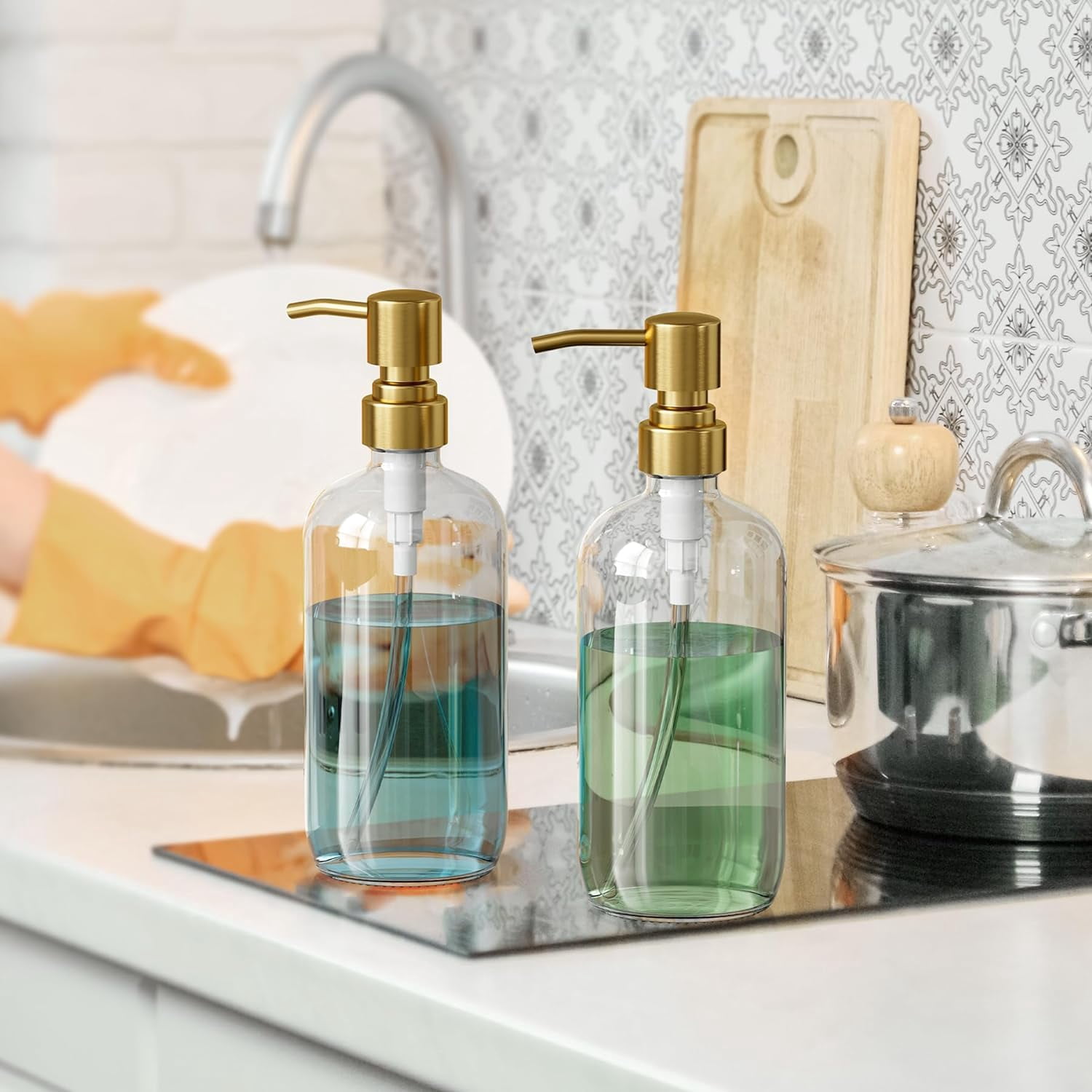 Soap Dispenser, 2 Pack Glass Soap Dispenser with Pump Stainless Steel, 17OZ Clear Gold Hand Soap Dispensers for Bathroom and Kitchen