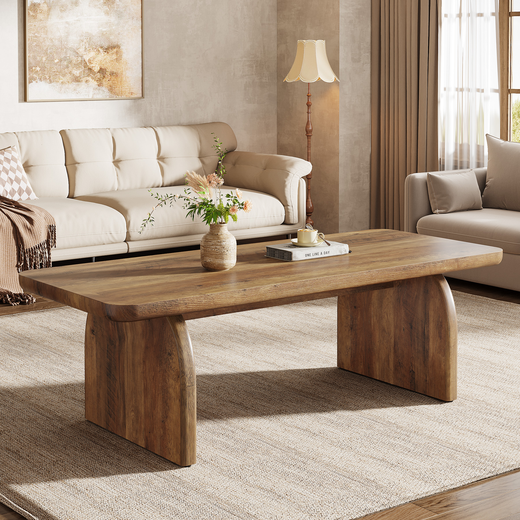 Finmind Rectangle Coffee Table, 47-Inch Wood Living Room Table, Easy Assembly