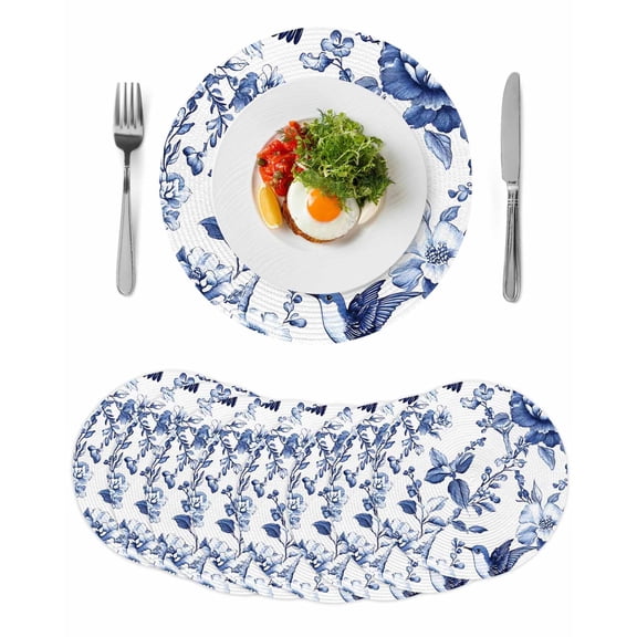 White Blue Spring Floral Round 13 Inch Placemats Set of 8, Summer Botanical Hummingbird HeatResistant Non Slip Place Mats for Dining Table, Wipeable Braided Kitchen Table Mats for Housewarming
