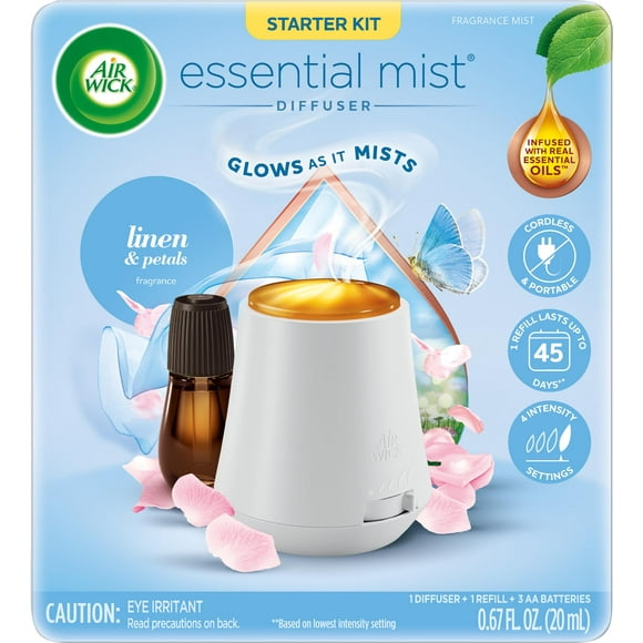 Air Wick Essential Mist Starter Kit (Gadget + 1 Refill) Linen & Petals Air Freshener Essential Oils