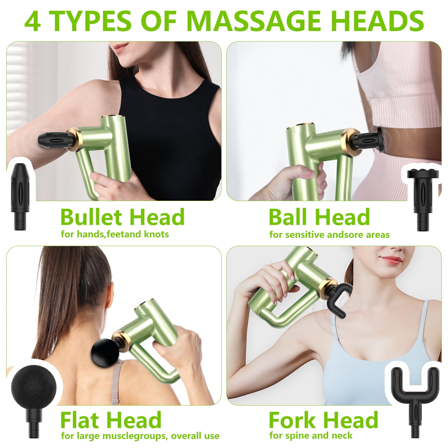 Syenll Massage Gun, Massage Gun Deep Tissue, Percussion Massage Gun with 4 Heads and 6 Speeds, Handheld Massager for Athletes Pain Relief, Green