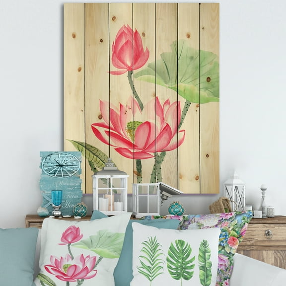Designart 'Ancient Pink Lotus Flower' Traditional Print on Natural Pine Wood