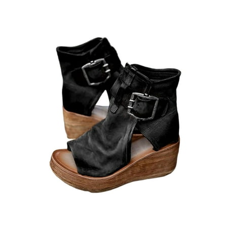 

UKAP Womens Summer Comfort Wedge Buckle Peep Toe Casual Sandals Size 4-12