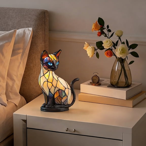 dajkiuy Stained Glass Cat Lamp, Cats Shaped Resin Table Lamp, Vintage Night Light, Living Room Home Decor