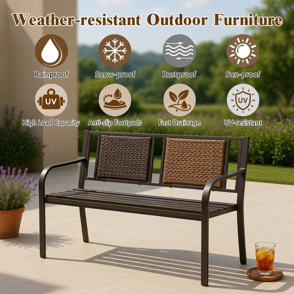Hommoo Outdoor Patio Bench, Heavy-Duty Powder-Coated Steel Frame with All-Weather PE Rattan, Garden, Backyard & Balcony Seating, Bronze