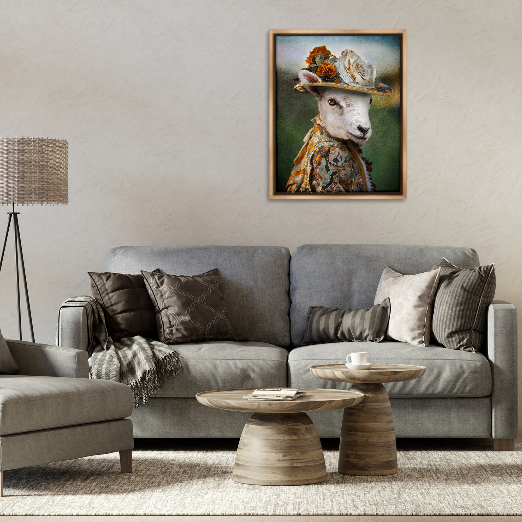 Stupell Industries Fashionable Sheep Portrait Animals & Insects Painting Brown Floater Framed Canvas Art Print Wall Art, 25 x 31