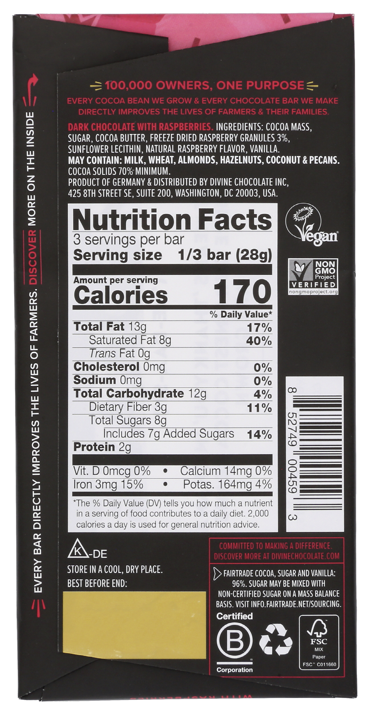 (Pack of 12), Divine Chocolate 70% Dark Chocolate with Raspberries, 3 oz