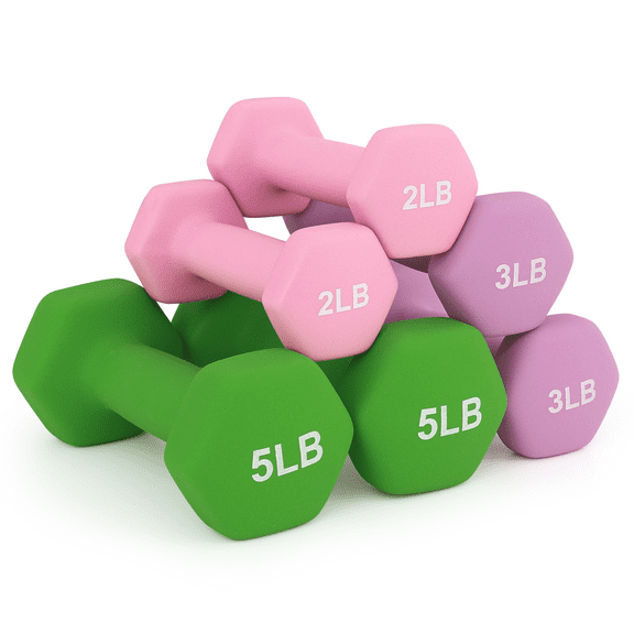 MADOG Set of 6 Neoprene Coated Dumbbells Set, 2lb/3lb/5lb Hand Weights Anti-Roll Non-Slip with Smooth Grip, Pink/Purple/Green