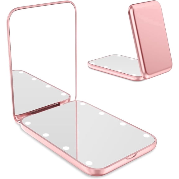 Small Mirror with Lights,LED Compact Makeup Mirror,1x/3x Mini Travel Mirror with Magnification,Portable for Purse,Pocket,Gifts for Girls,Rose Gold