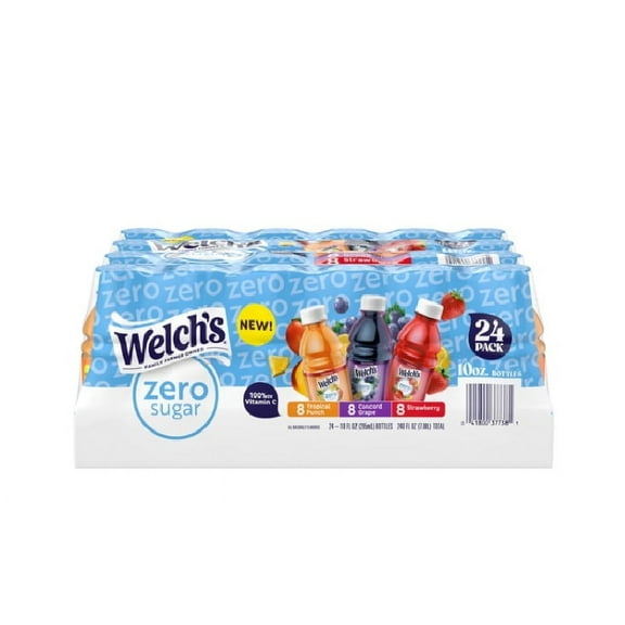 Welch's Zero Sugar Drink Variety Pack, Tropical Punch / Strawberry / Concord Grape, 10 fl oz On-the-Go Bottle (Pack of 24)