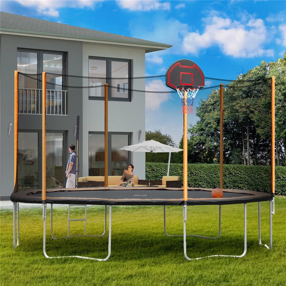 Outdoor Trampoline for Kids, New Upgraded 14' Outdoor Trampoline with Safety Enclosure Net, Basketball Hoop and Ladder, Heavy-Duty Round Trampoline for Indoor or Outdoor Backyard, Holds 264lbs