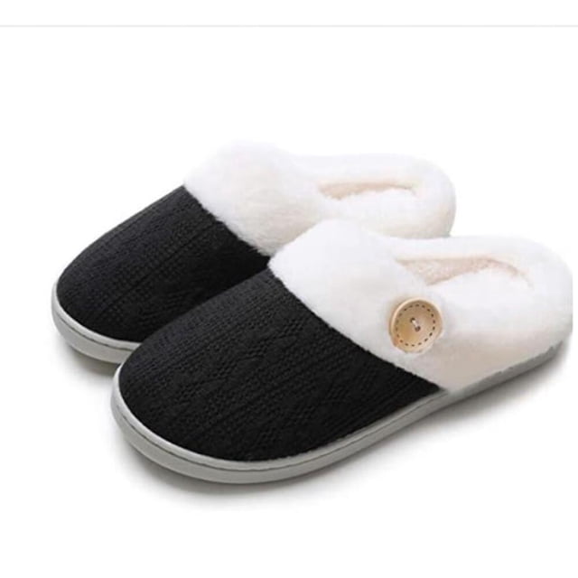 Pantuflas de lana con suela de goma dura antideslizantes para dormitorio interior y exterior de algodón viscoelástico (negro M, longitud interior 240 mm)