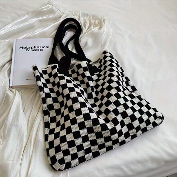 Bolso de hombro con bloque de color a cuadros, bolso holgado de gran capacidad, bolso de mano versátil, suave y elegante