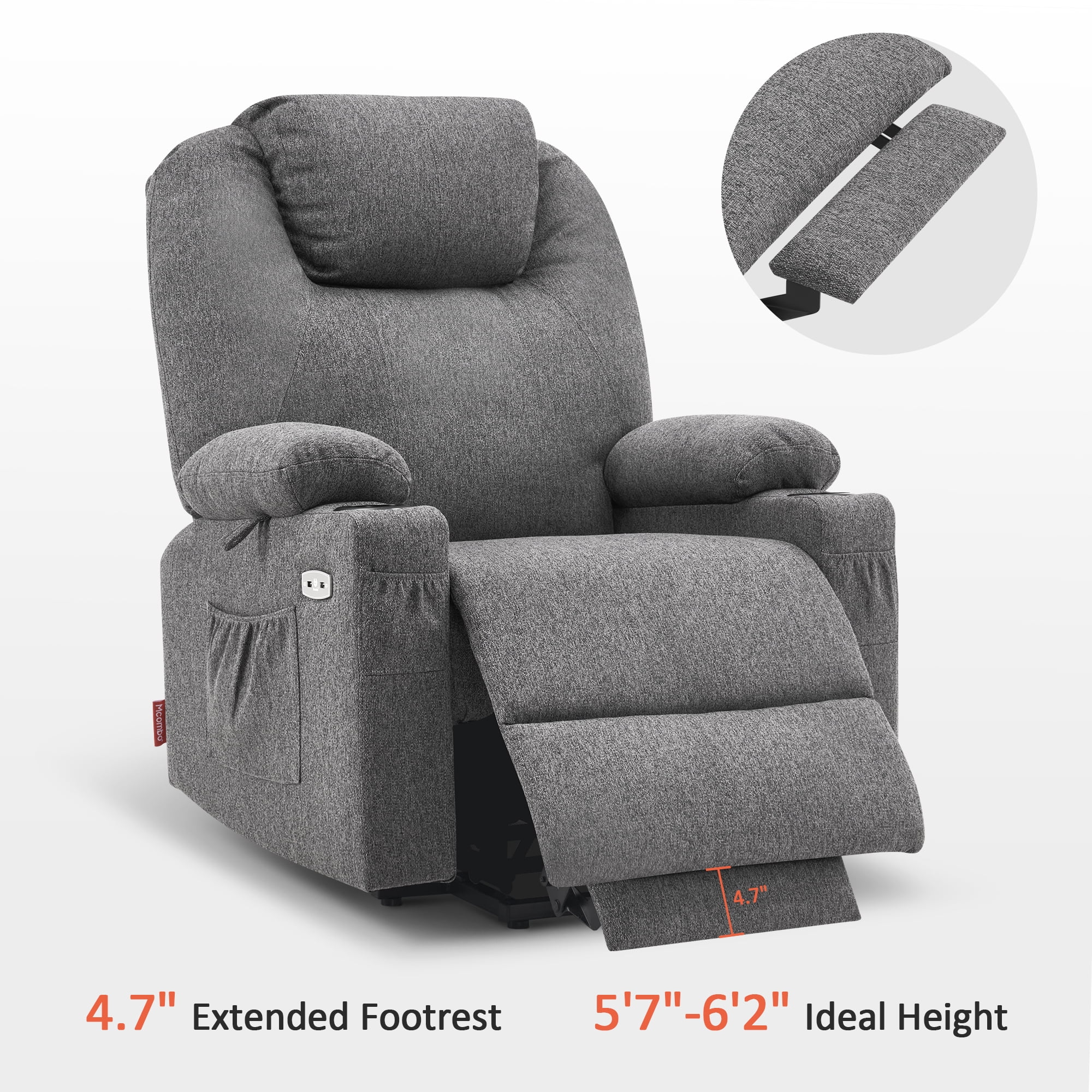 MCombo Large Power Lift Recliner Chair Sofa with Massage and Heat for Big and Tall Elderly People, 3 Positions, Cup Holders, and USB Ports, Extended Footrest, Fabric 7516(Large,Dark Grey)