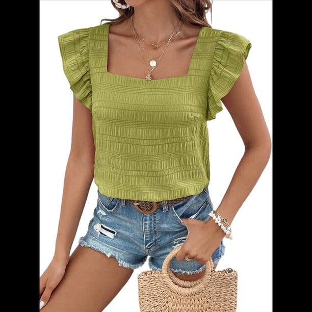 Top de Corta con Volantes y Cuello Cuadrado para Mujer, Color Oliva L