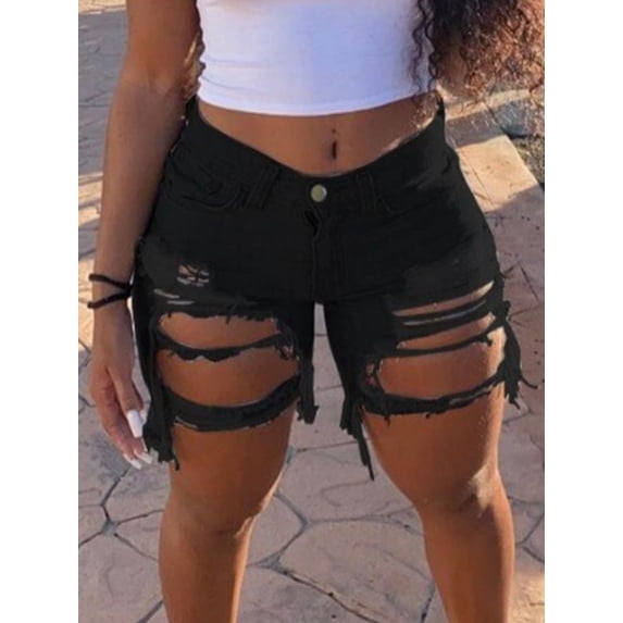 Lovelywholesale Plus Size Mid Waist Ripped Denim Shorts