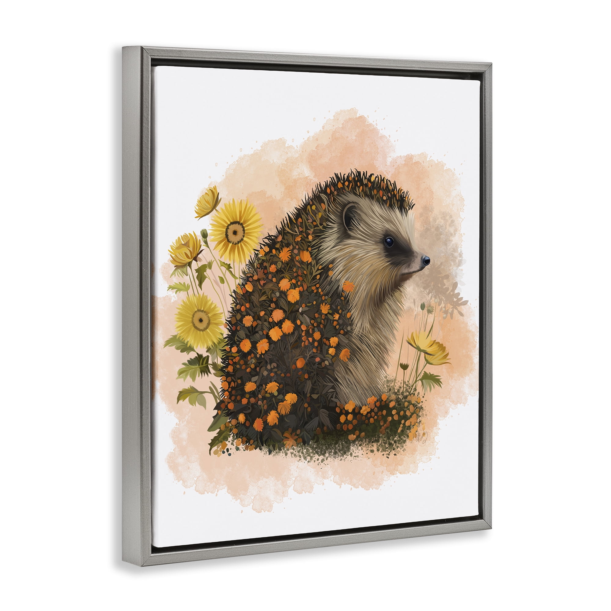 Stupell Industries Wildflower Patterned Hedgehog Animals & Insects Painting Gray Floater Framed Canvas Art Print Wall Art, 25 x 31