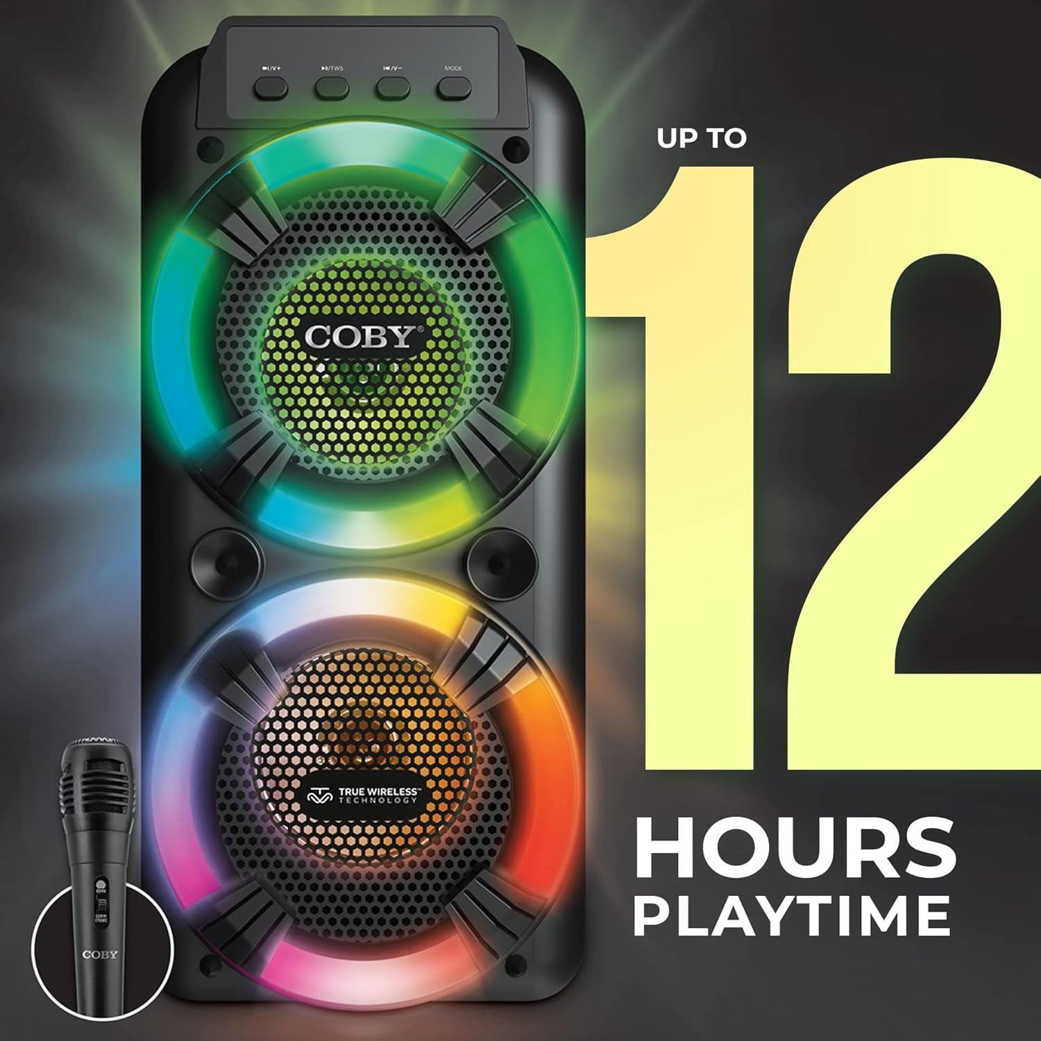 COBY True Wireless Bluetooth Speaker with Karaoke Microphone and LED Lights
