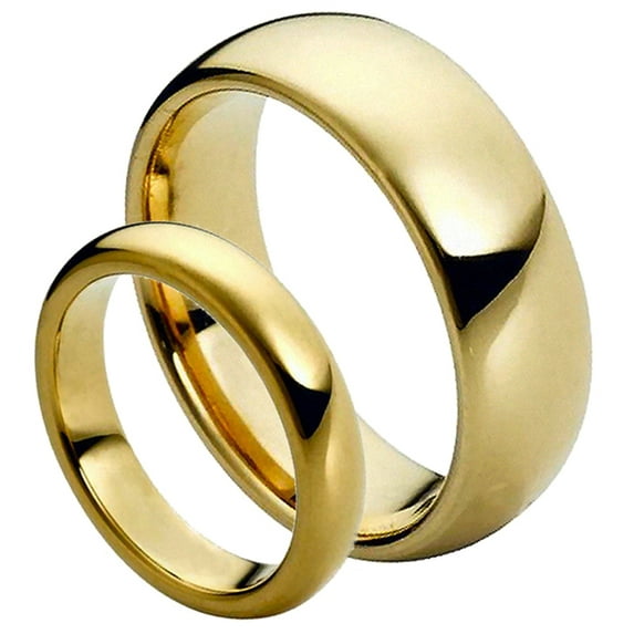 For Him & Her 8MM/6MM Tungsten Carbide Gold Plated Classic Dome Shape Wedding Band Ring Set