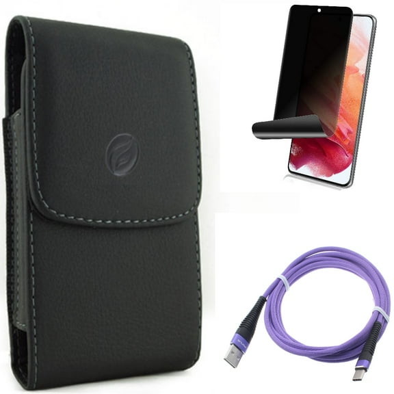 Case Belt Clip w Privacy Screen Protector w 6ft USB Cable for Samsung Galaxy S21 Plus - Leather Holster, TPU Film Fingerprint Works, Purple Type-C Accessory Bundle
