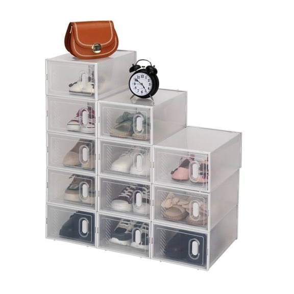 Clear Shoe Boxes 12 Pack - Stackable Plastic Shoe Storage Containers for Men & Women, White - US Size 5-10, Durable & Foldable