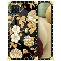 FKBRCL4U Compatible with Samsung Galaxy A12 Case, Blooming Rose Golden Flower Luxury Golden Decoration for Girl Women Soft TPU Shockproof Protective Hard PC Back