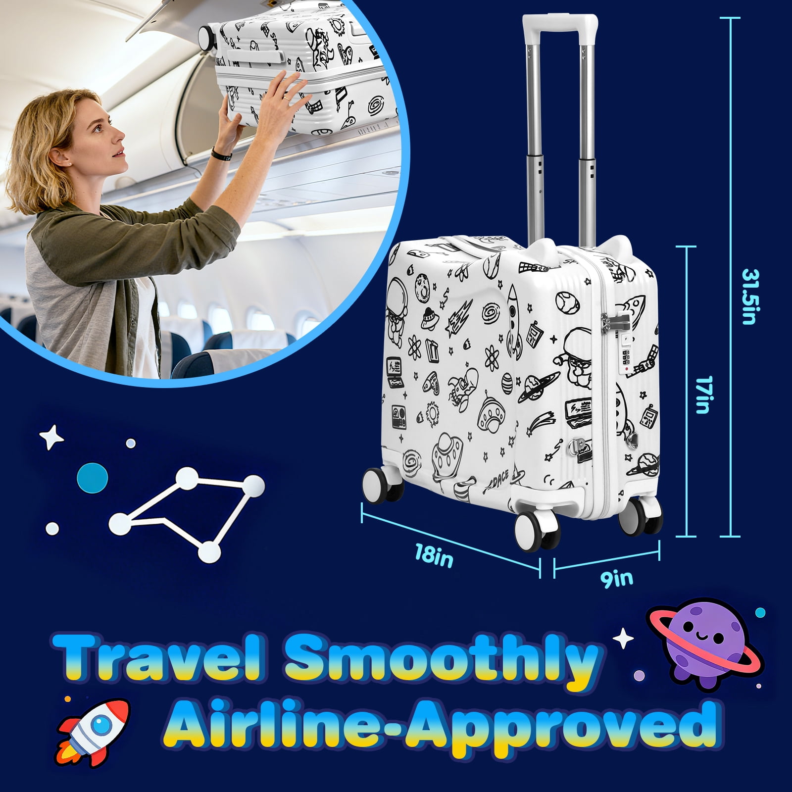 Advwin 20" Ride On Suitcase for Kids, Fun DIY Coloring Carry-On Luggage with 24 Waterproof Markers, Pull Strap & Spinner Wheels, Hardshell Rideable Travel Luggage for Children, White