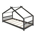 thumbnail image 4 of Harper & Bright Designs Twin Size Floor House Bed, Wood Montessori House Bed Frame with Fence, Playhouse Tent Bed with Roof, Espresso, 4 of 8