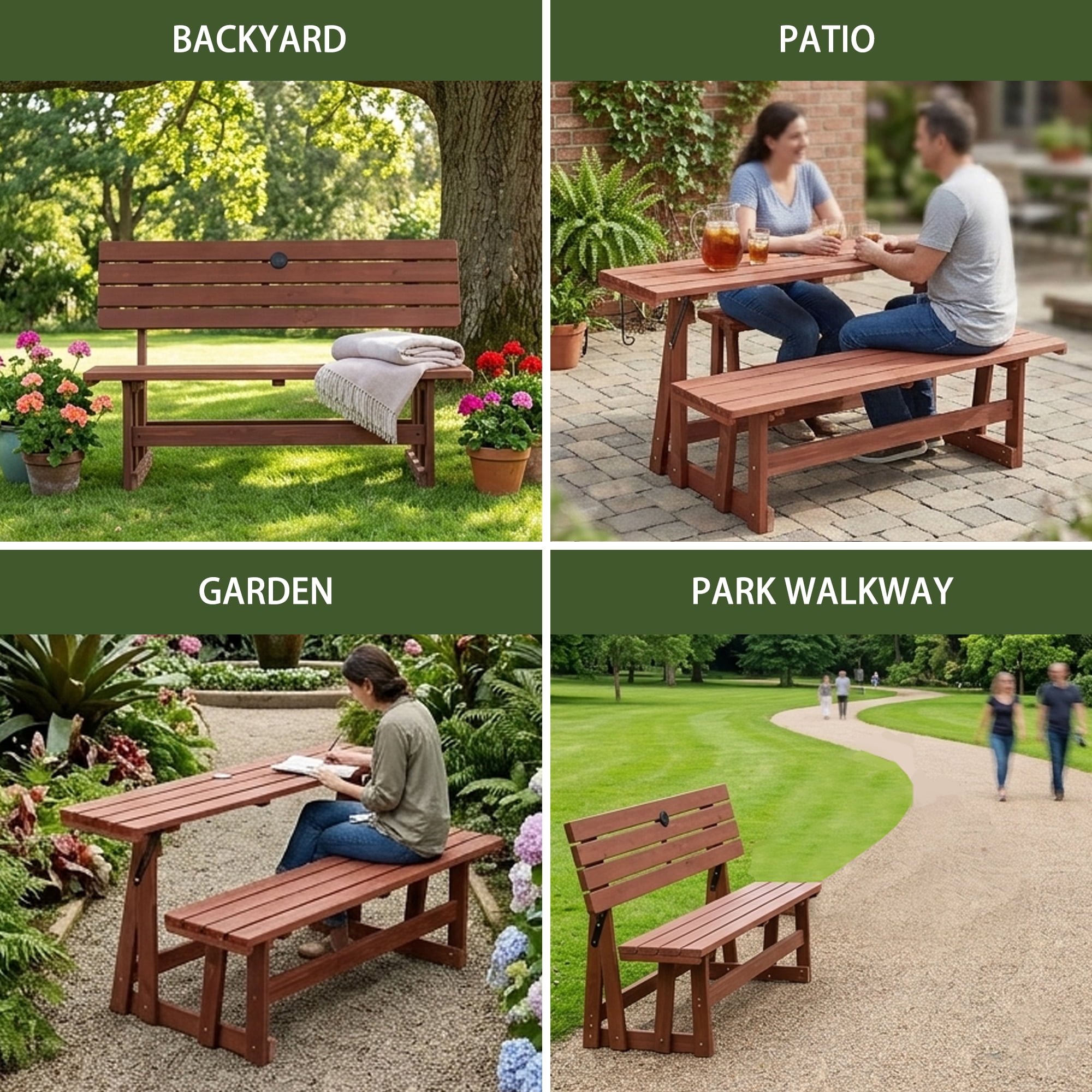 2-in-1 Convertible Bench Picnic Table, Outdoor Folding Dining Set with Backrest & Umbrella Hole, Solid Wood Waterproof & UV Resistant, For Backyard, Patio, Garden, Park Walkway
