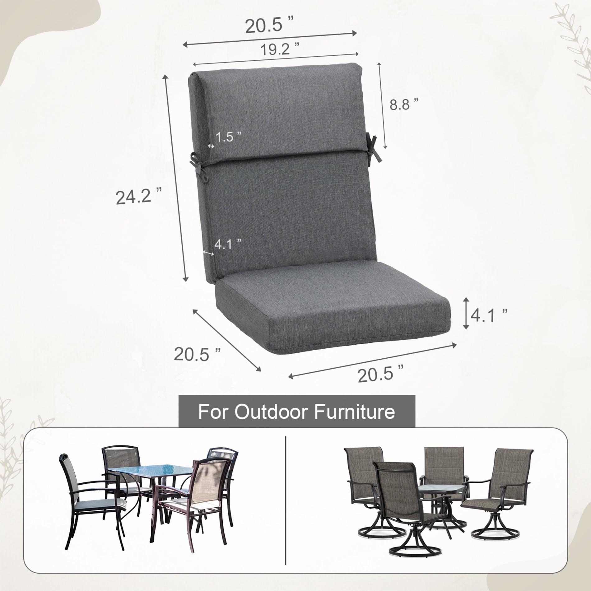 BPS 20x20x4 Inch 1 Piece Outdoor Chair Cushion, High Back Patio Seat Cushion for Dining, Charcoal