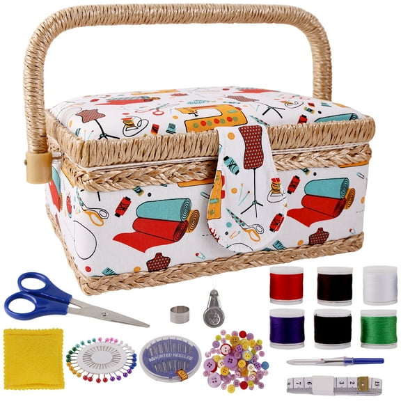 LANNEY Sewing Basket and Sewing Box with Accessories, Portable Wooden Storage Organizer with Removable Tray, Vintage Sewing Kit for Beginners and Professionals
